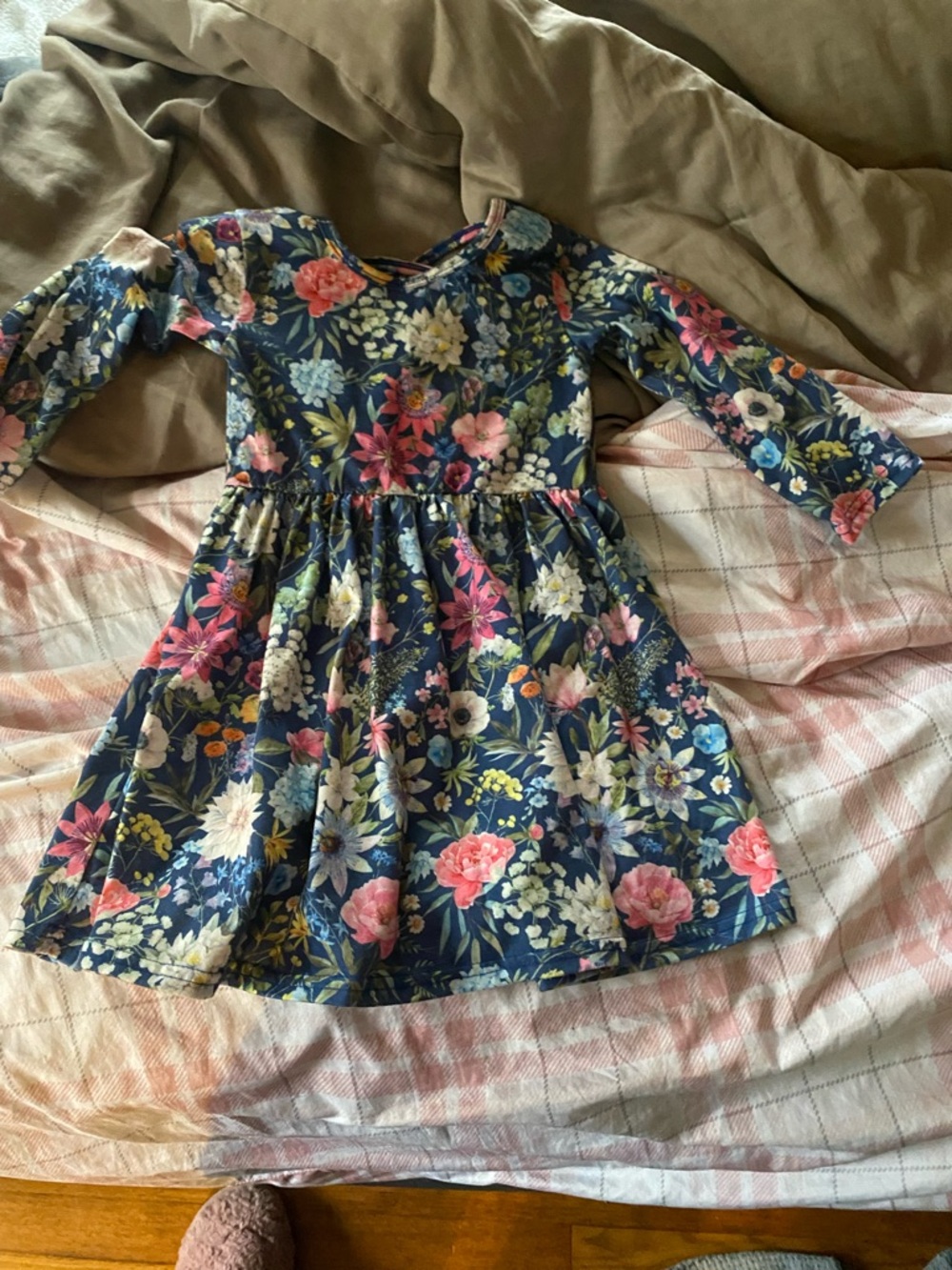 Girls' Navy Floral Long-Sleeve Dress